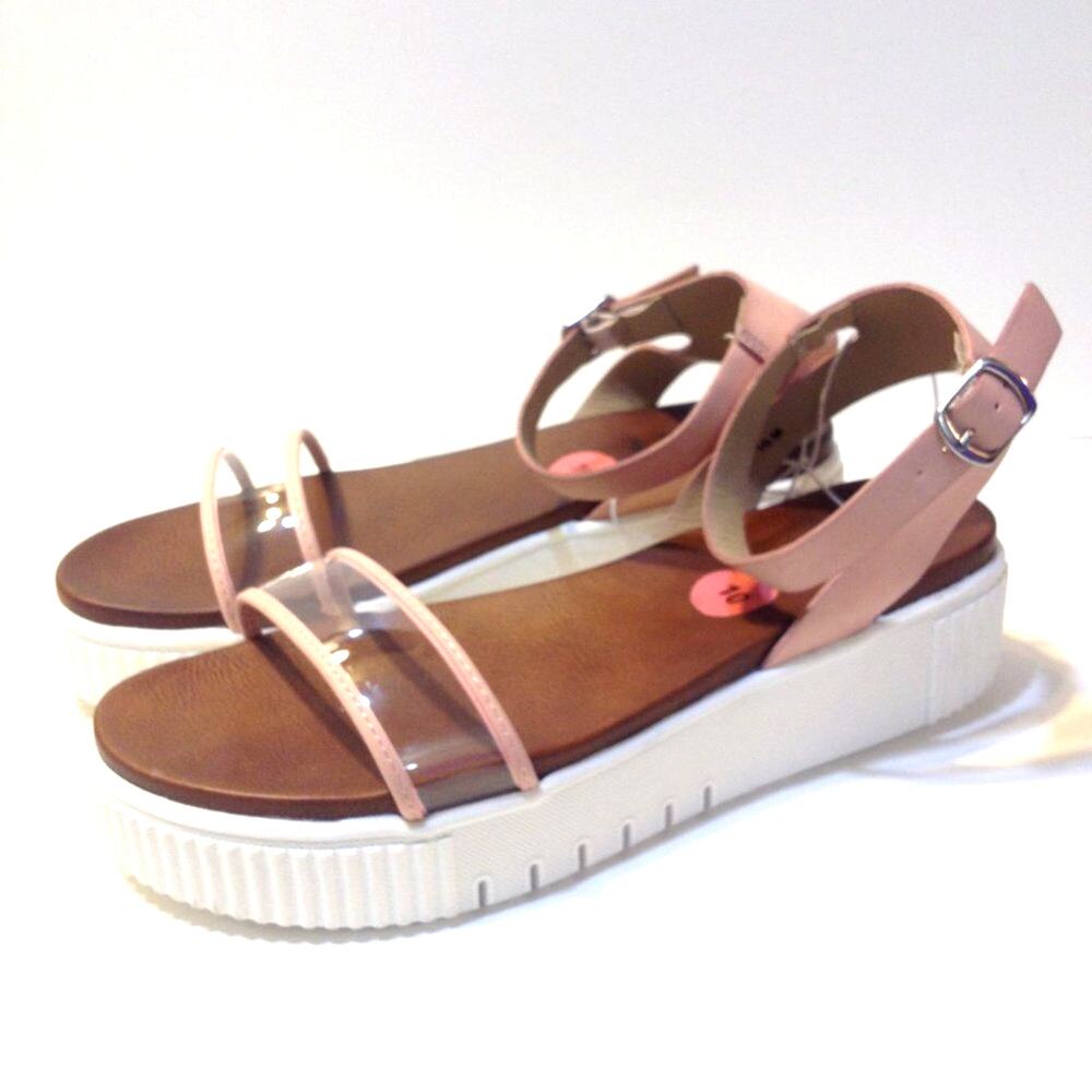 JellyPop Clear Strappy Flatform Pink Faux Leather Sandal